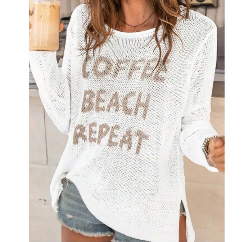 Cozy White Coffee Beach Repeat Graphic Sweater Top S M L XL